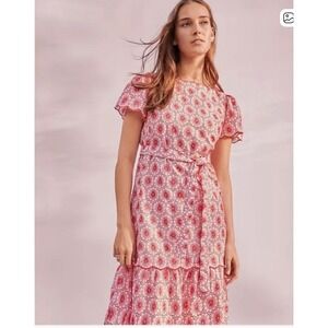 Ann Taylor Hibiscus Eyelet Tie Waist Dress  Size L 100% Cotton